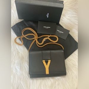 Authentic YSL Calfskin Mini Y Ligne Crossbody Pochette Bag Black